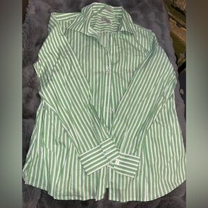 Foxcroft Wrinkle Free Green and White Striped Button-Up Shirt